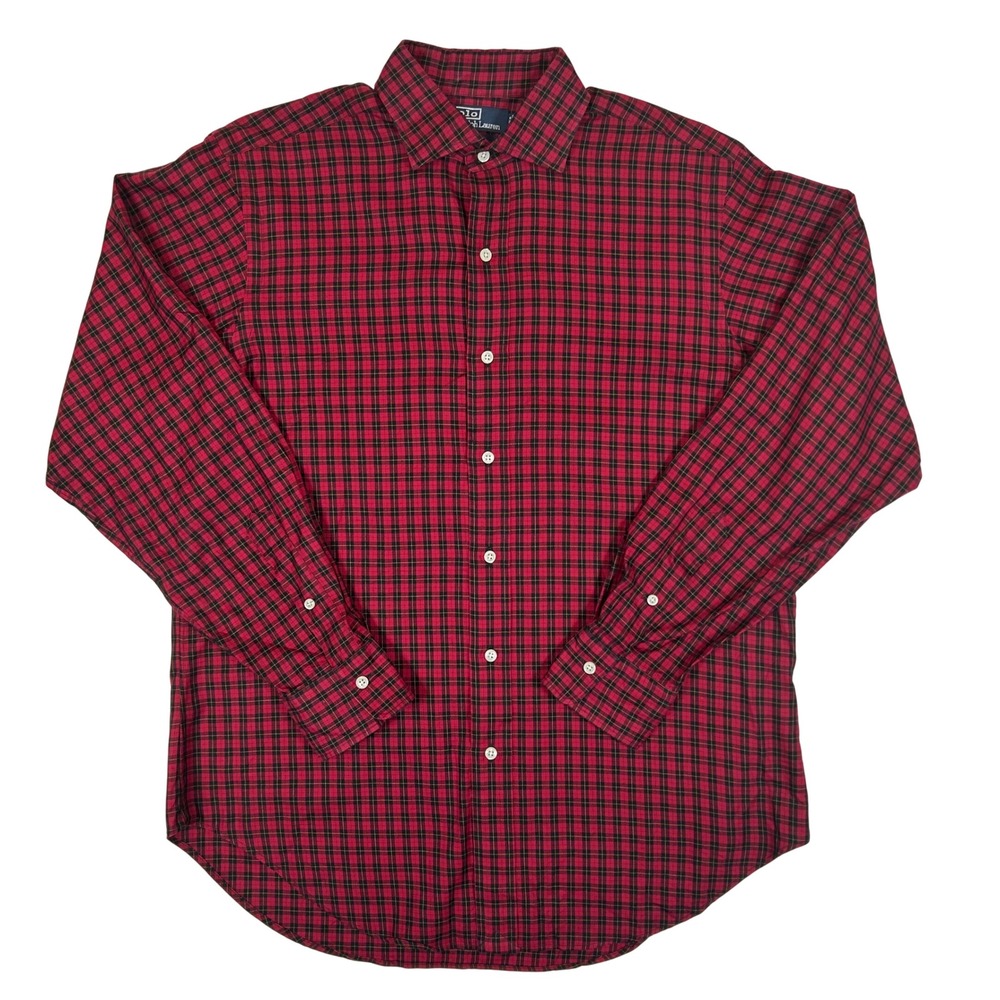 VTG Polo Ralph Lauren Estate Shirt Mens 15.5 34 Red Black‎ Plaid 2-Ply Cotton